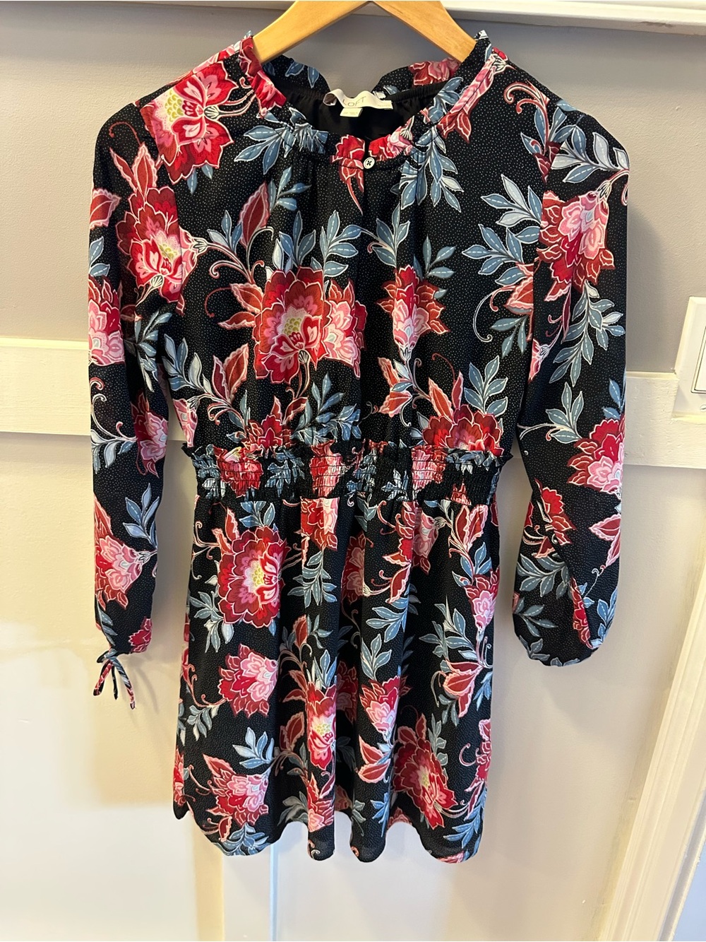 Women's Black Floral Long-Sleeve Smocked Waist Dress